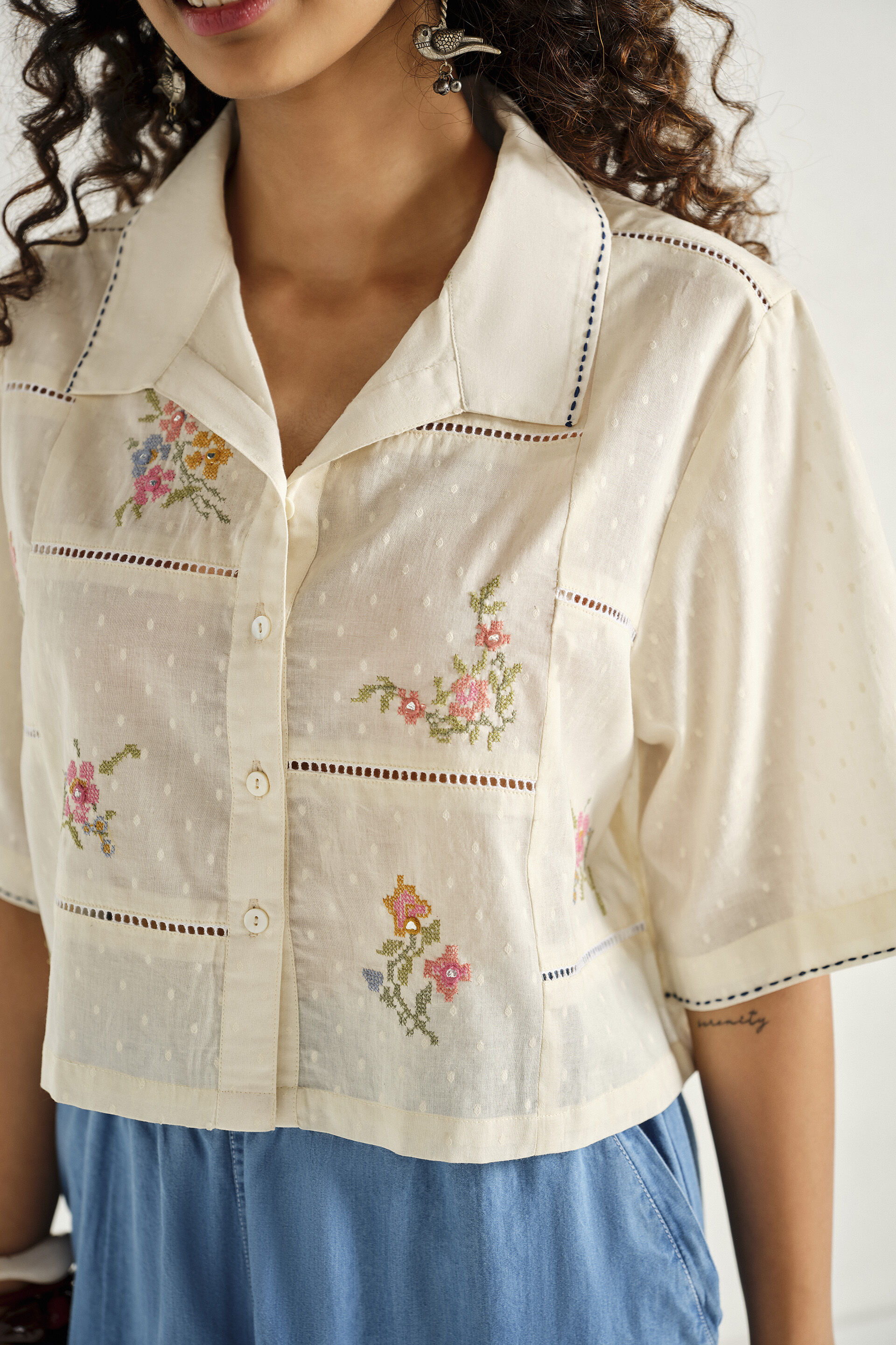Petal Meadow Cotton Crop Top, Off White, image 3